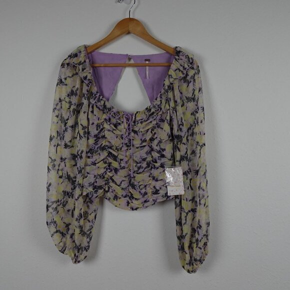 Free People Mabel Printed Blouse Top Women's XS Purple Yellow Open Back - Picture 3 of 16